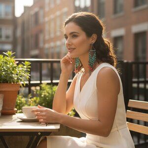 Neiman Marcus Turquoise Coral Beaded Chain Rhinestone Chandelier Earrings